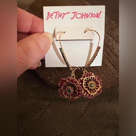 Betsey Johnson Jewelry - Betsey Johnson Gold and Red Floral Rhinestone Earrings.